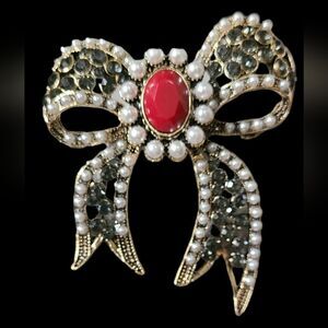 PARIS Brooch Maroon Red Stones with Pearls‎ Gold Metallic Filigree 2.5" …